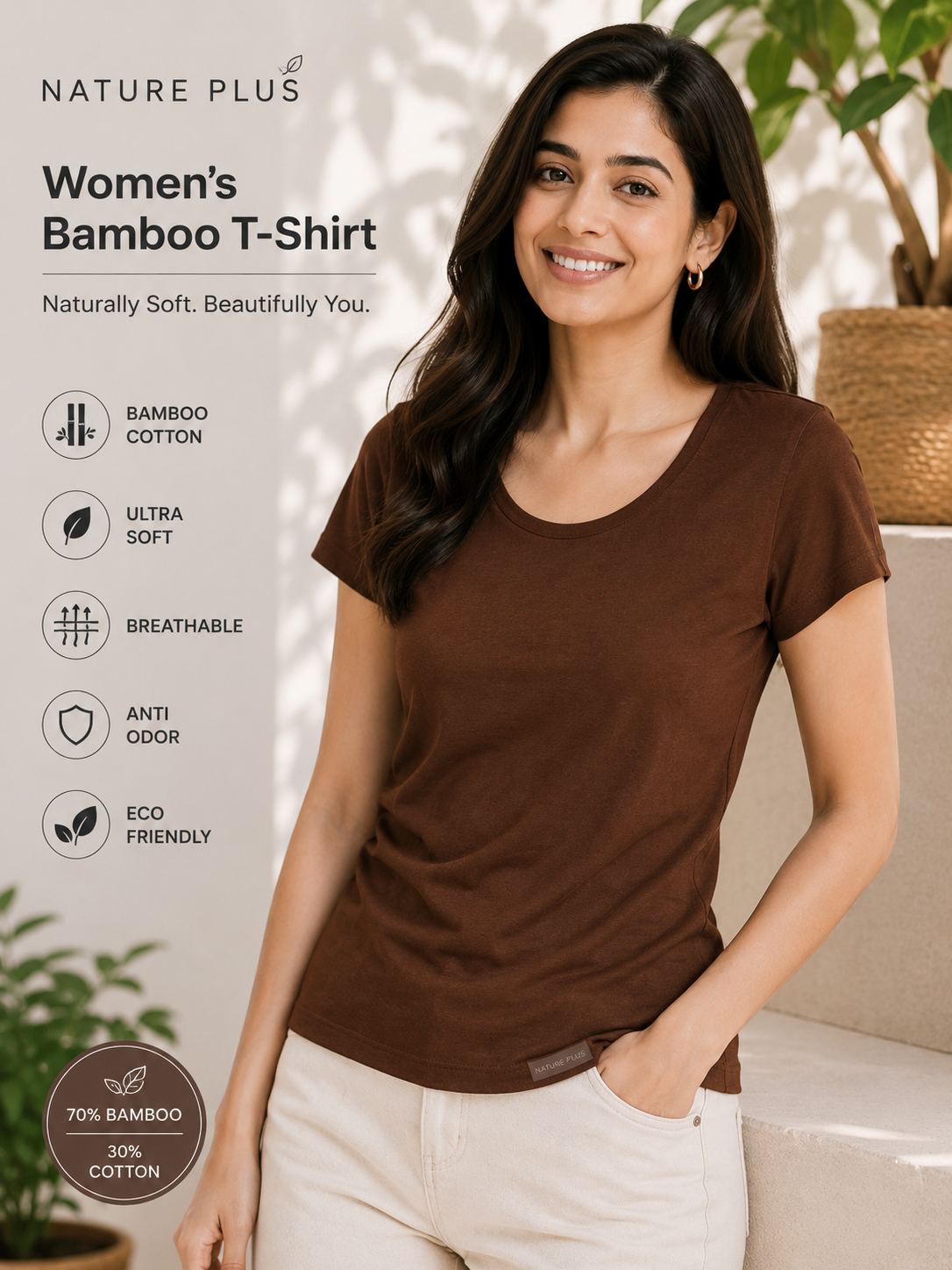 Nature Plus Women's Lightweight Espresso Bamboo Half Sleeve T-Shirts Made for Indian Summers